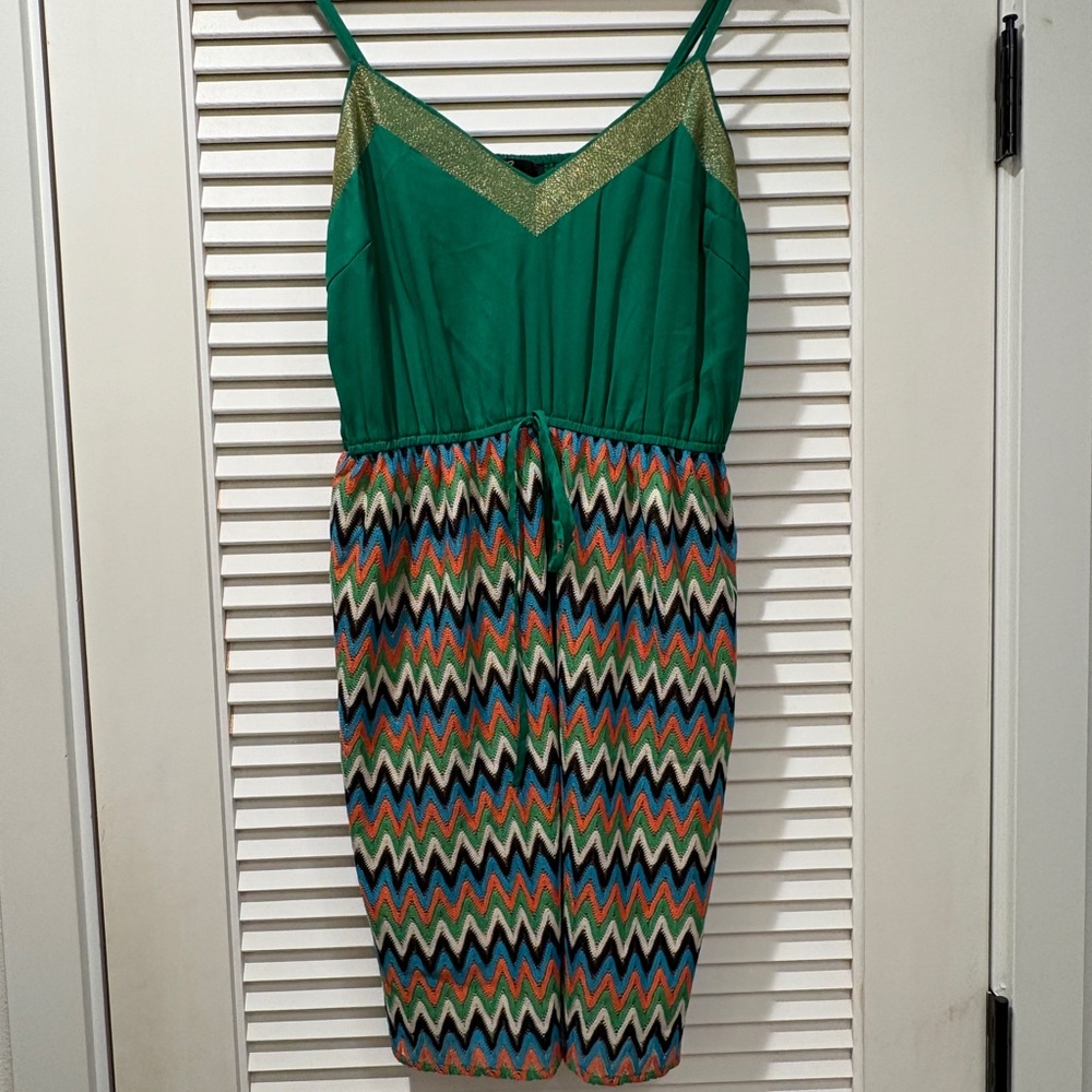 C. Luce Emerald and Gold Boho Mini Crochet Party Dress - Size M
